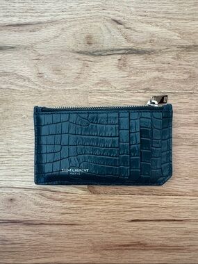 Saint Laurent Dark Green Croc-Embossed Leather Zip Card Pouch